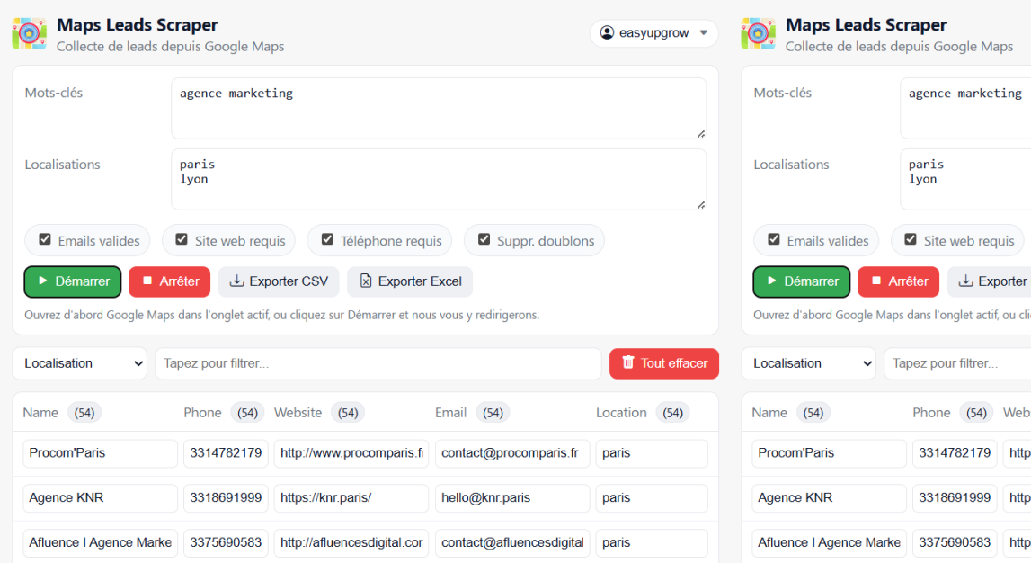 Capture d’écran : Maps Leads Scraper – résultats d’extraction
